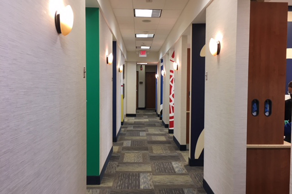 The image shows a long hallway with walls painted in different colors, including shades of blue, white, and brown. There are multiple doors along the corridor, each with a unique color scheme, leading to various rooms. The floor is carpeted, and there's a single light fixture visible on the ceiling.