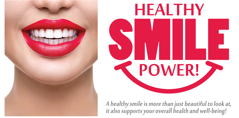 The image is a promotional graphic for a dental service, featuring a close-up of a person s face with red lipstick and the text  HEALTHY SMILE POWER  in bold letters.